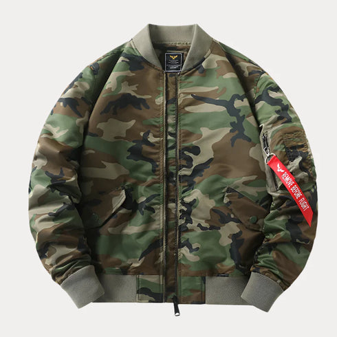 Camo Bomber Jacket with stand collar and zipper closure, nylon material for spring and autumn wear.